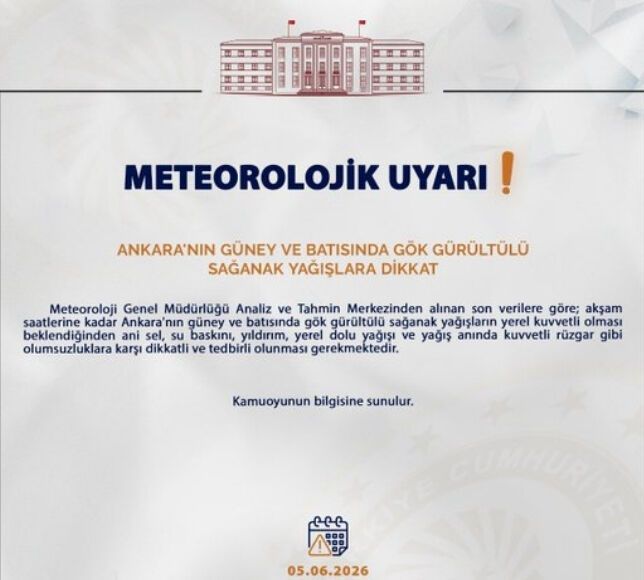 Ankara Valiliği’nden Kuvvetli Sağanak, Sel ve Dolu Uyarısı