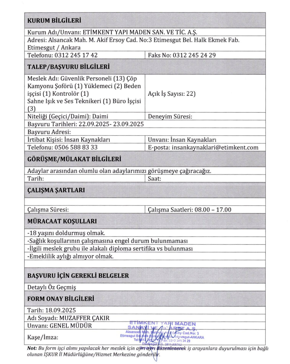 Işkur Etimkent Iş Ilanu